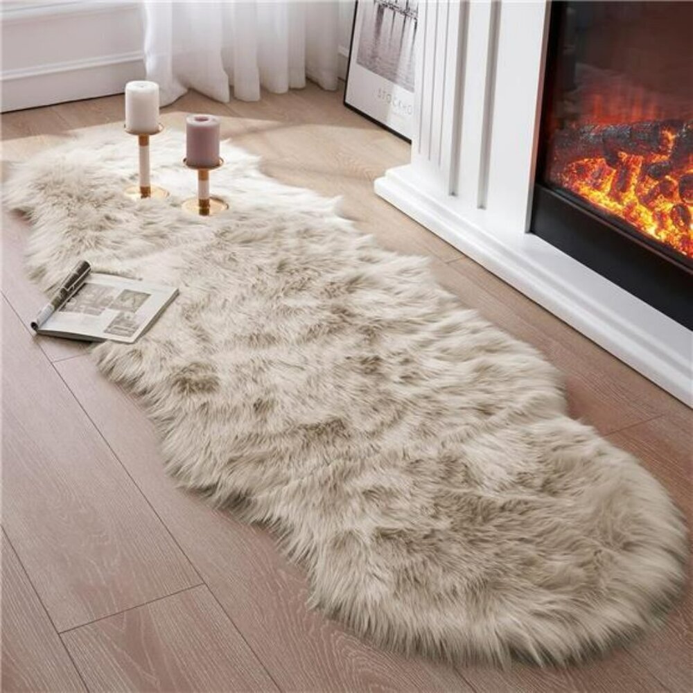 Faux Fur Runner Rug 2x6ft Beige Fluffy Shag Carpet for Bedroom Couch Nursery